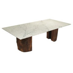 Ipe trunk pedestal dining table with marble top by Tunico T.