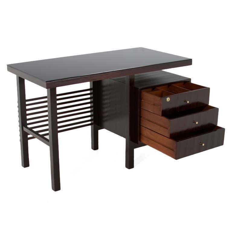 Petit Brazilian Pinho De Riga Secretary Desk with Glass Top and Slat Front In Good Condition For Sale In Los Angeles, CA