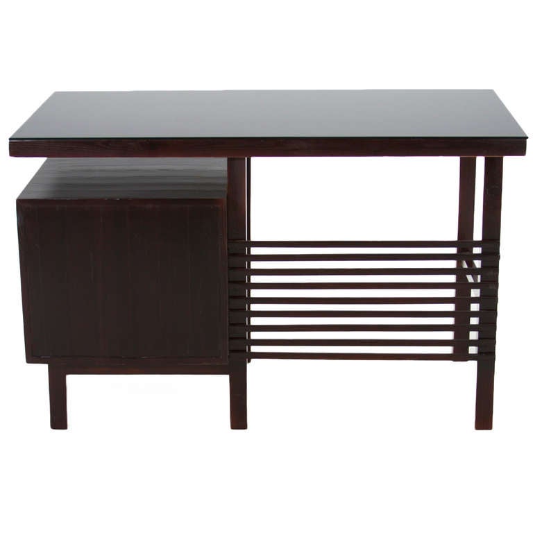 Petit Brazilian Pinho De Riga Secretary Desk with Glass Top and Slat Front For Sale 1