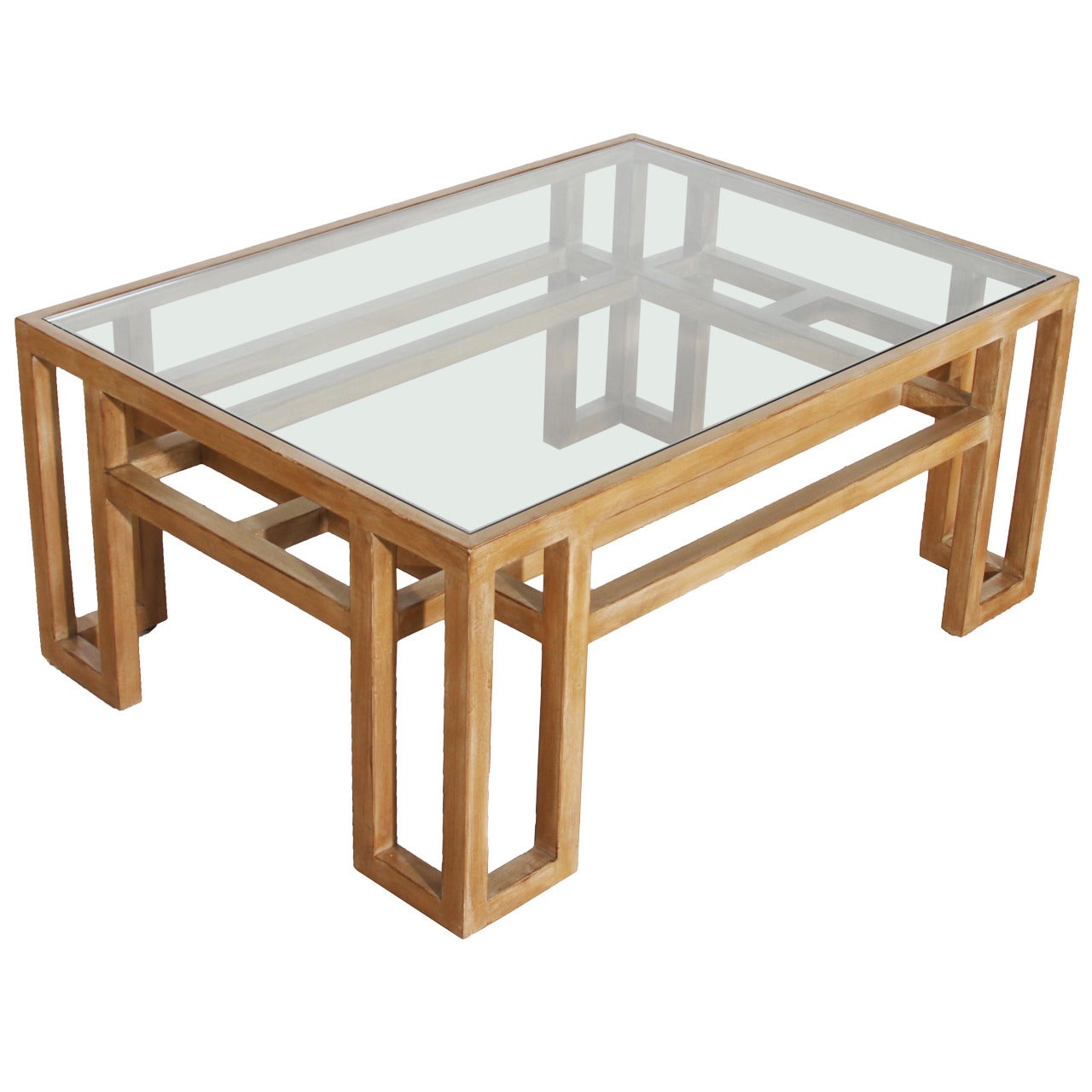 Vintage Wood Coffee Table with Glass Top For Sale
