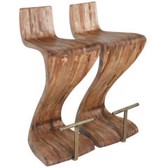 Pair of Sculptural Wood Bar Stools with Solid Brass Foot Rests