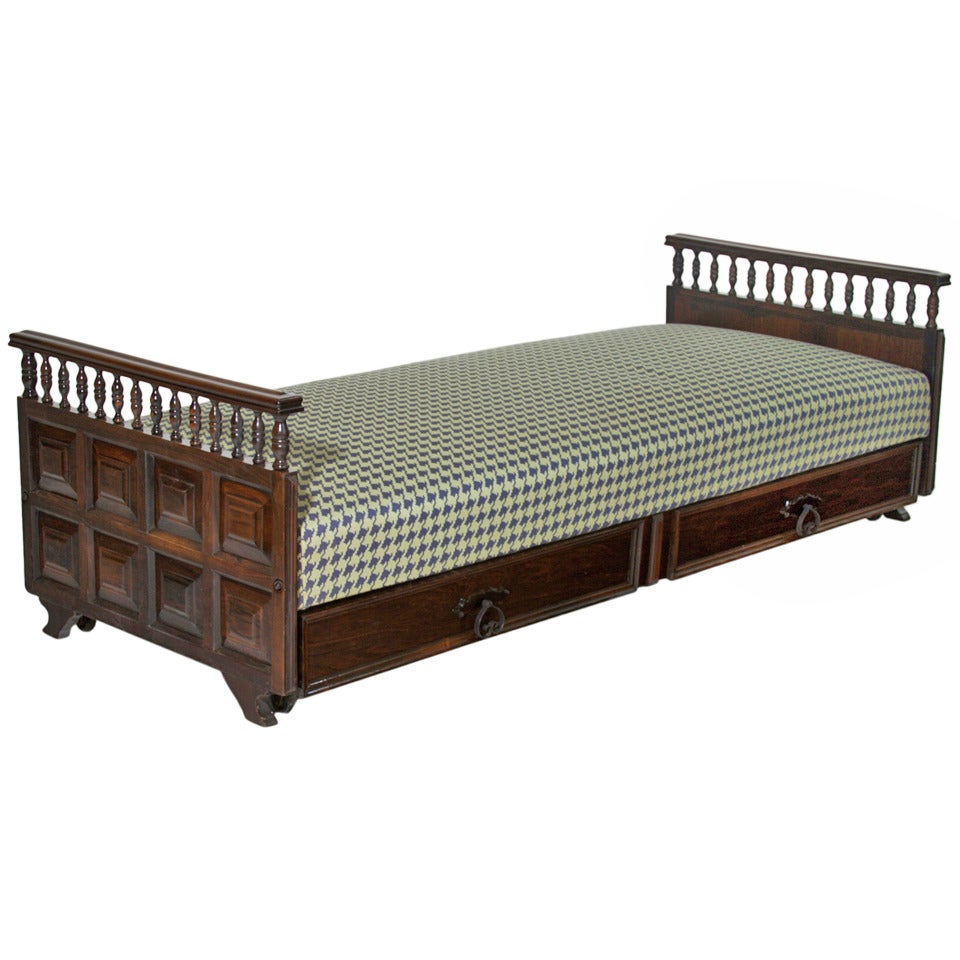 Solid Carved Rosewood Daybed with Houndstooth fabric