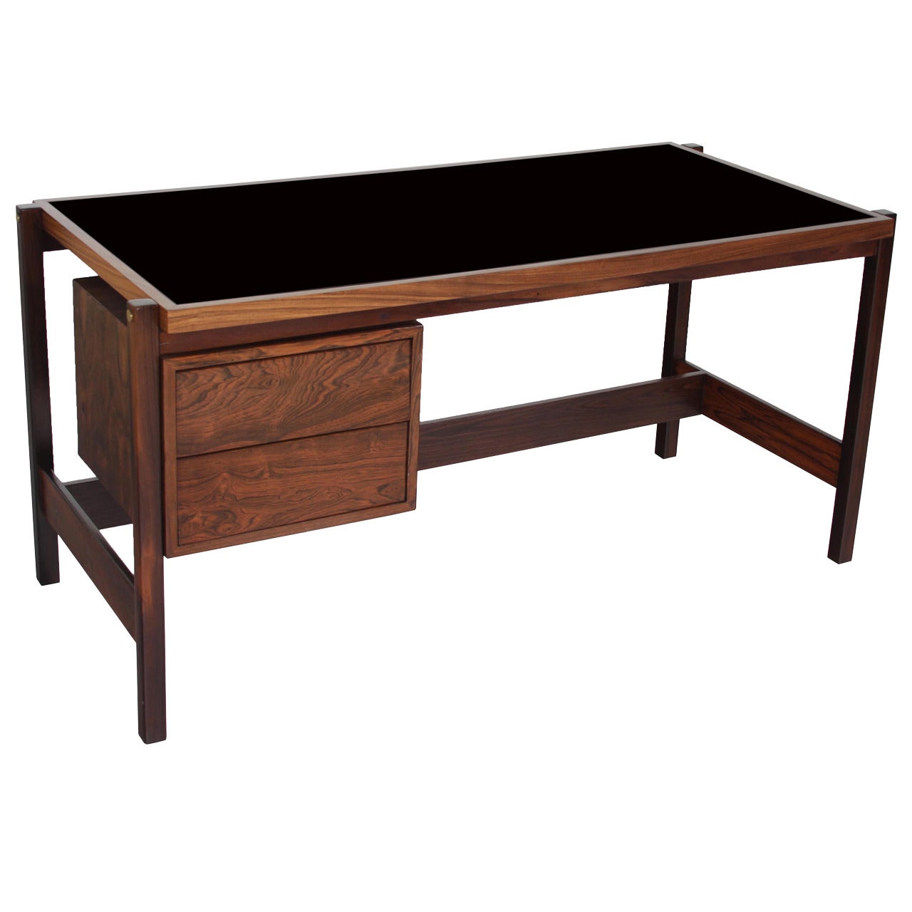 Sergio Rodrigues Caviuna Wood Desk with Black Glass Top  For Sale