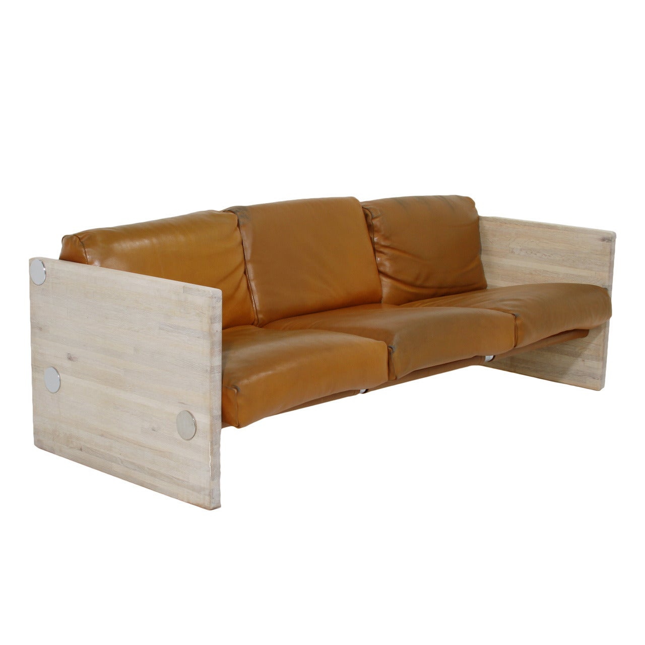 Orange Leather and Bleached Oak Sofa by Milo Baughman For Sale