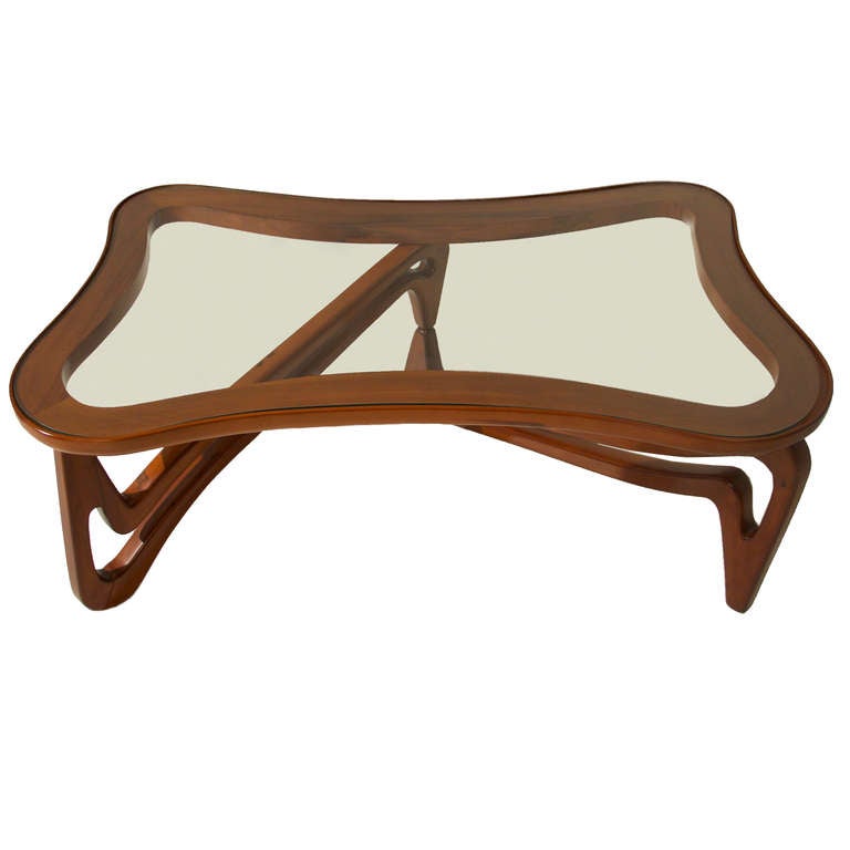 Brazilian Curved Solid Peroba de Rosa and Glass Coffee Table Attributed to Scapinelli