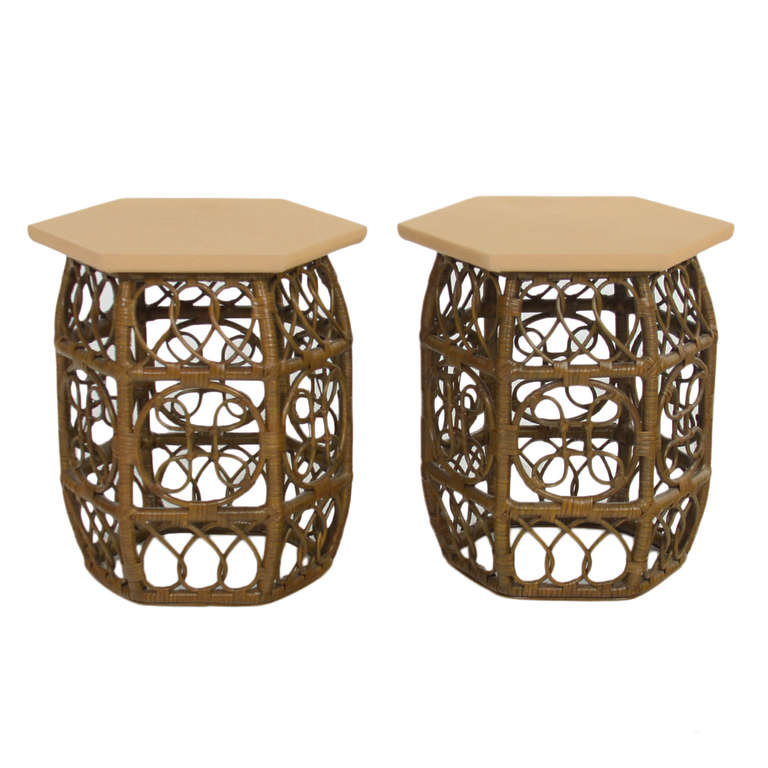 An intricate pair of side tables. These tables are weaved in a green tinted bamboo and have a beige leather hexagonal top. 

Many pieces are stored in our warehouse, so please click on CONTACT DEALER under our logo below to find out if the pieces