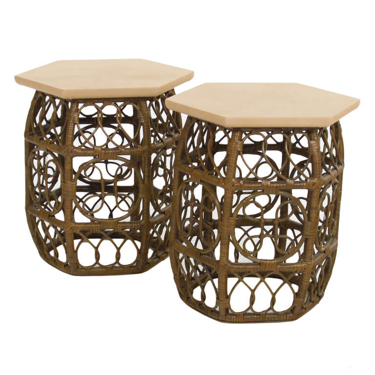 American Pair of Bamboo and Leather Side Tables For Sale