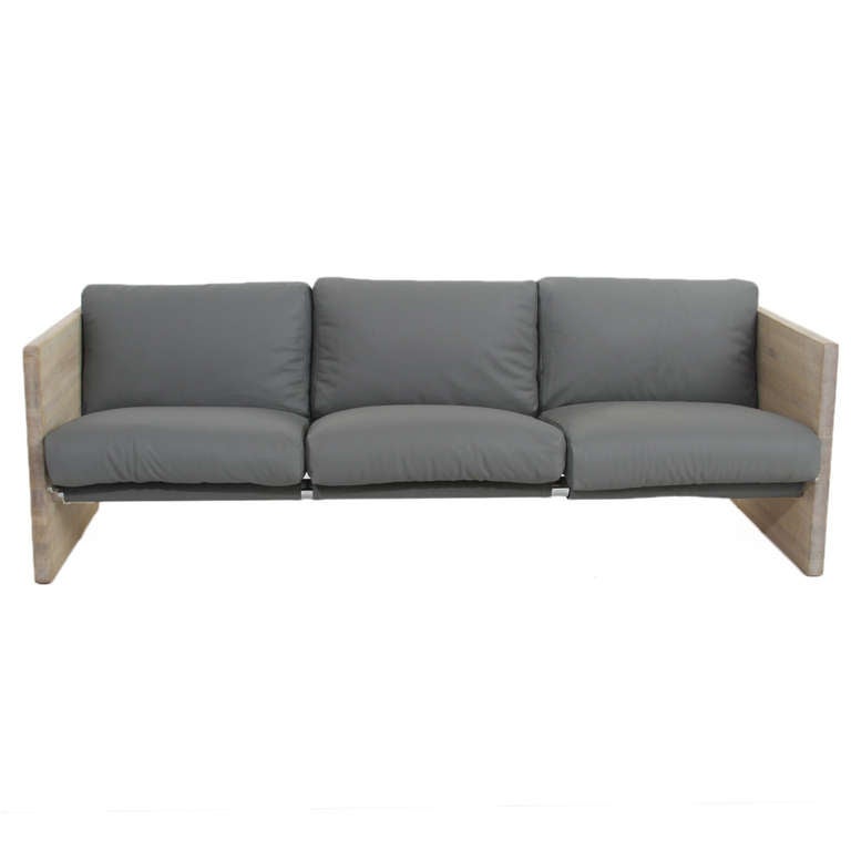 American Milo Baughman Attributed Gray Leather Oak Frame Sofa