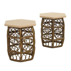 Pair of Bamboo and Leather Side Tables