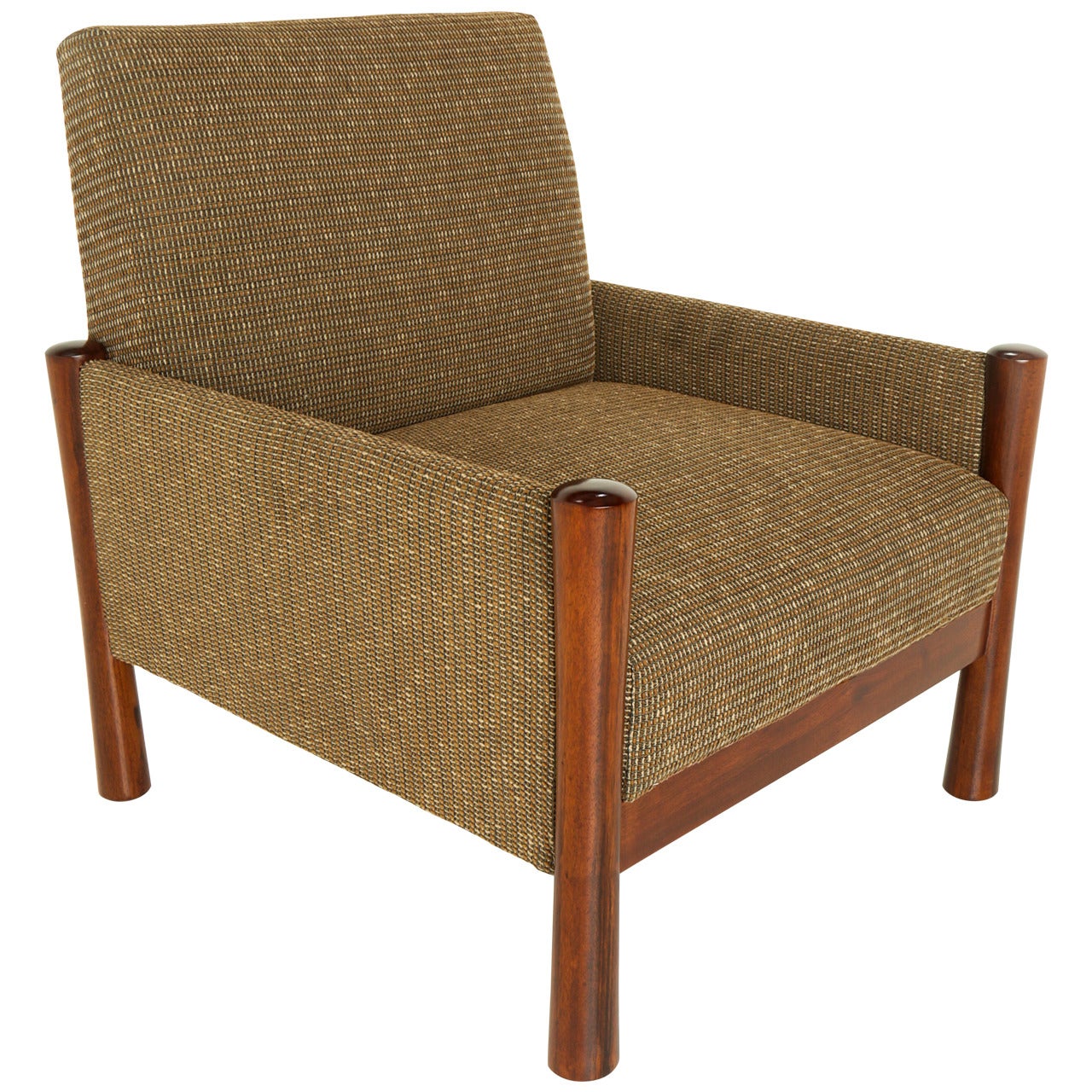 Mid-Century Brazilian Sculptural Wood Legs and Tweed Upholstered Arm Club Chair For Sale