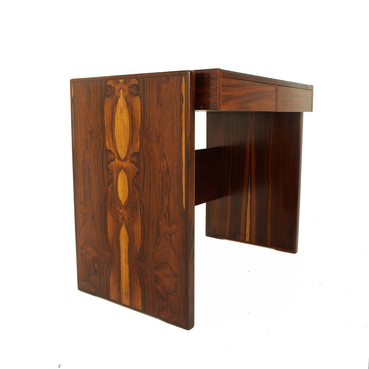 Small Rosewood desk designed by Brazil's Joaquim Tenreiro with glass top and two drawers. This desk came from the Bloch, Editores headquarters, a building designed by Oscar Niemeyer and with interiors furnished by Sergio Rodrigues and Joaquim