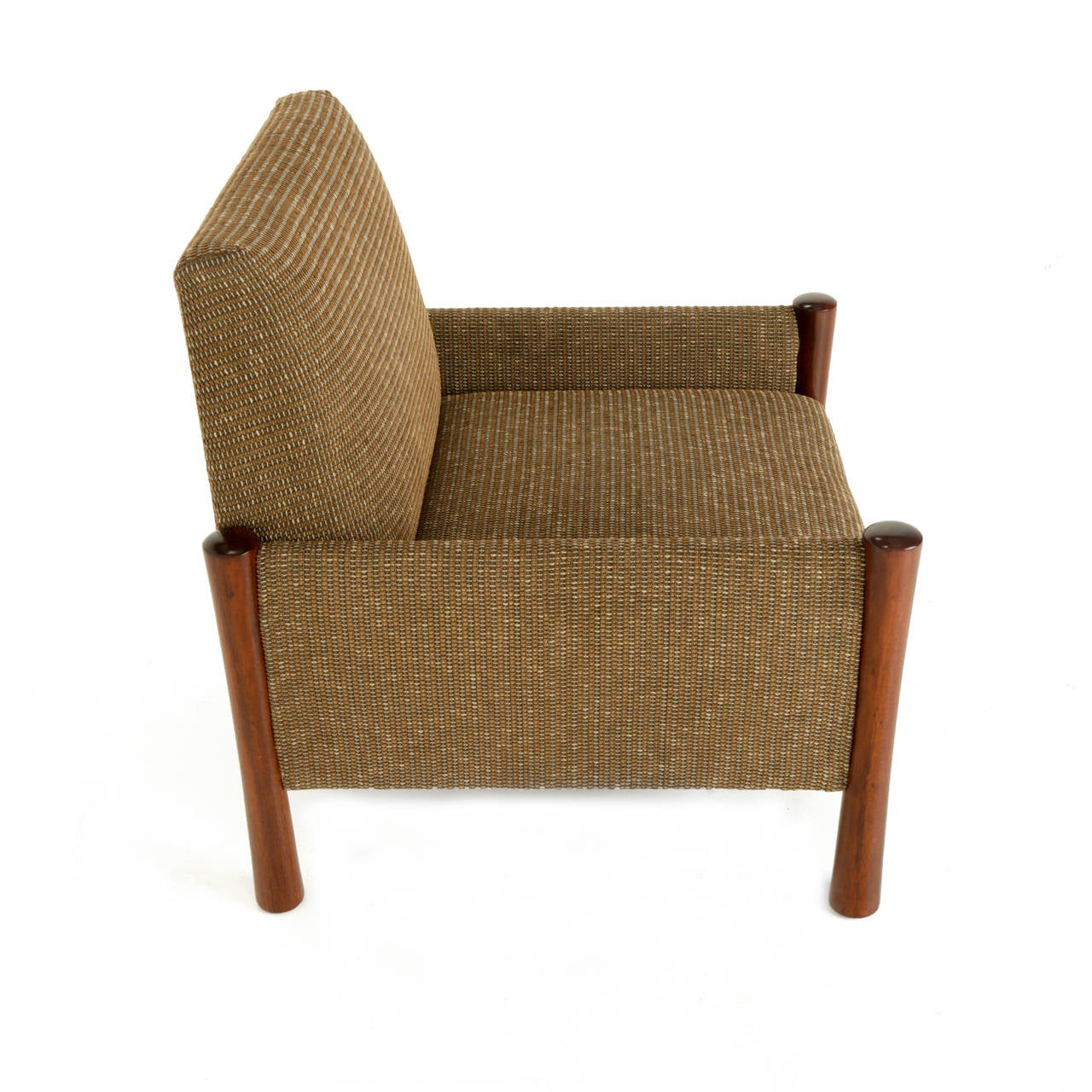 Lacquered Mid-Century Brazilian Sculptural Wood Legs and Tweed Upholstered Arm Club Chair For Sale