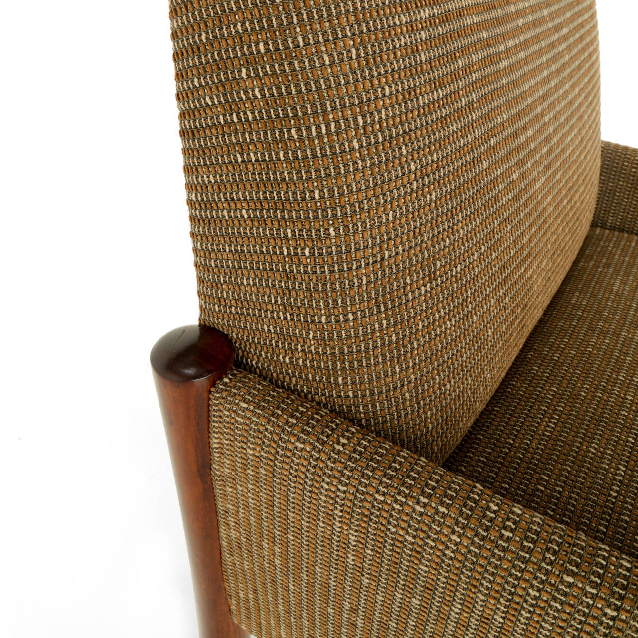 Fabric Mid-Century Brazilian Sculptural Wood Legs and Tweed Upholstered Arm Club Chair For Sale