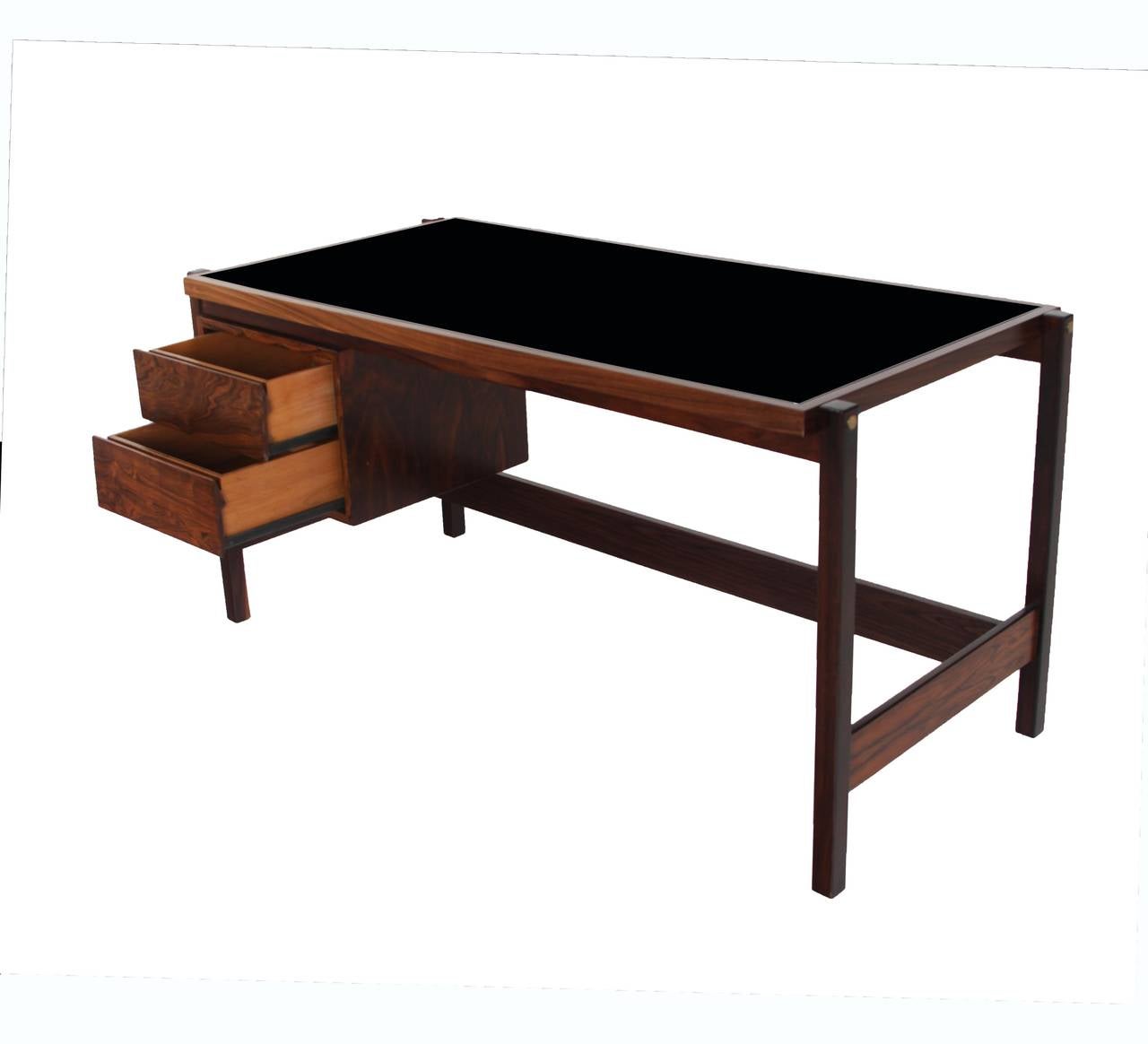 Lacquered Sergio Rodrigues Caviuna Wood Desk with Black Glass Top  For Sale