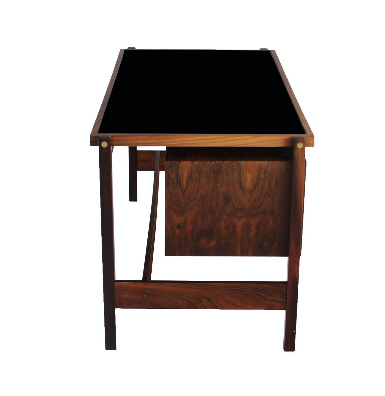 Mid-20th Century Sergio Rodrigues Caviuna Wood Desk with Black Glass Top  For Sale
