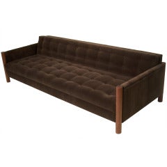 Custom tufted mohair and Apitong wood sofa by Thomas Hayes Studio