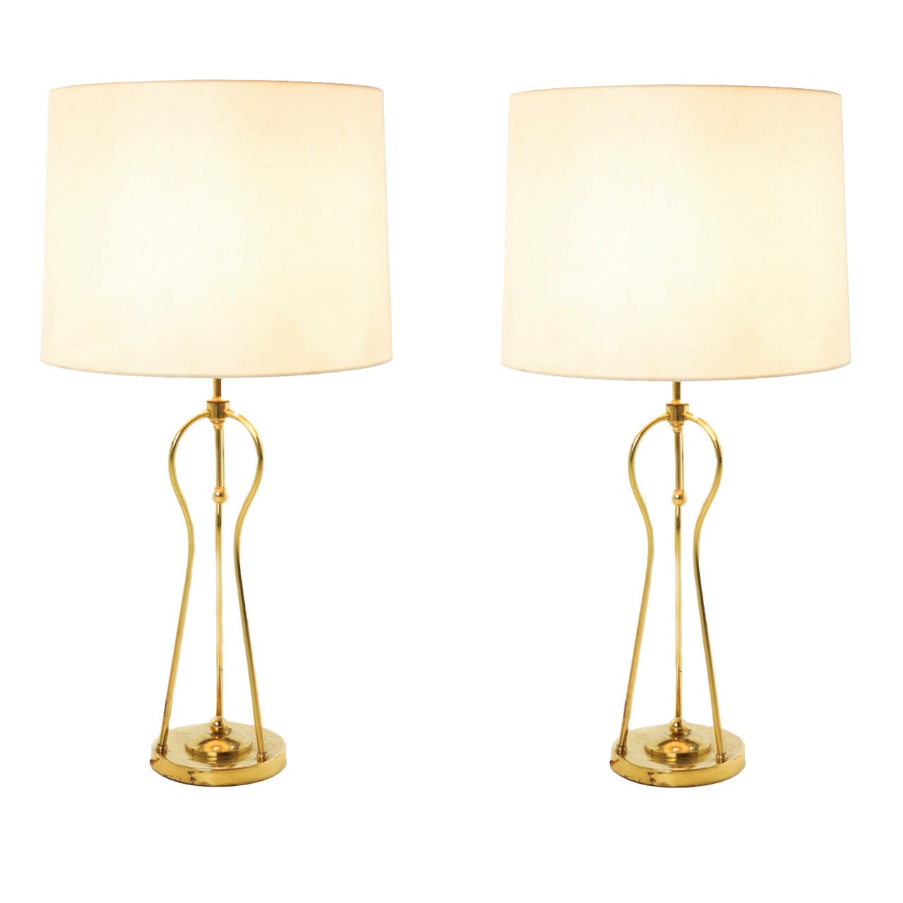 Mid-Century Modern Brass Table Lamps with Linen Shades For Sale