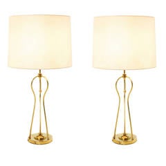 Mid-Century Modern Brass Table Lamps with Linen Shades