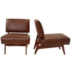 Brazilian Slipper Chairs in Dark Brown Leather and Peroba de Campos
