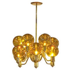 Danish Modern Brass Globe Chandelier with Golden Glass