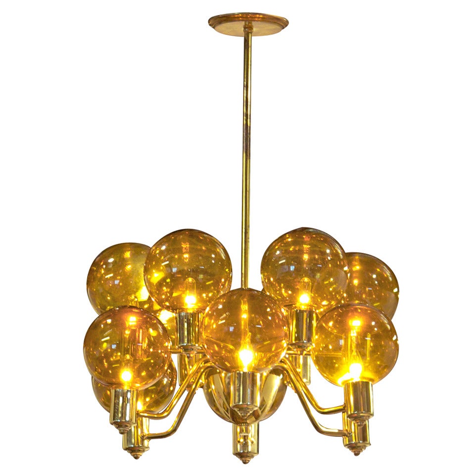 Danish Modern Brass Globe Chandelier with Golden Glass For Sale