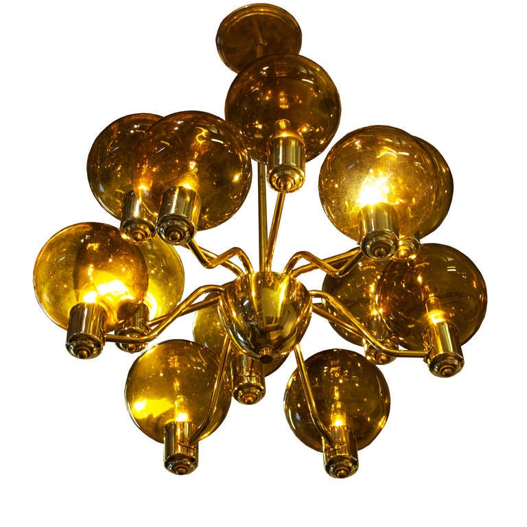 Danish Modern Brass Globe Chandelier with Golden Glass In Good Condition For Sale In Los Angeles, CA