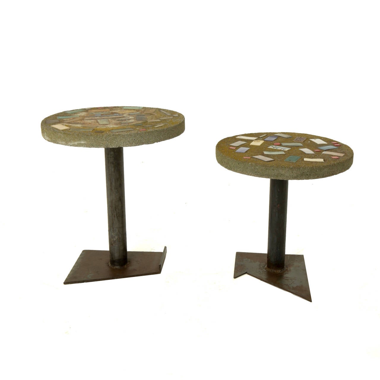 Pair of Ceramic Mosaic-Top, Concrete Accent Tables