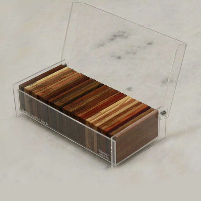 A clear acrylic box by Brazilian artist Rodrigo Calixto holding 34 solid exotic hardwood samples from Brazil. The names of each wood type are in Portuguese and are clearly displayed on the edges of each sample. An interesting desk or bookcase item,