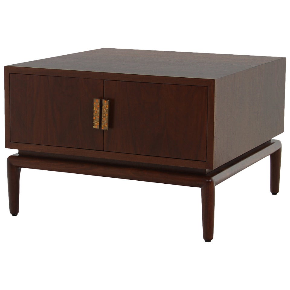 Monteverdi Young Walnut  Side Table with Brutalist Pulls For Sale