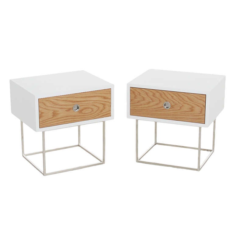 The Deane Night Stand or side table features a leather wrapped case with wood drawer and back on brushed nickel bases by Thomas Hayes Studio. The single drawers are made with the highest quality soft-close mechanisms and feature round recessed