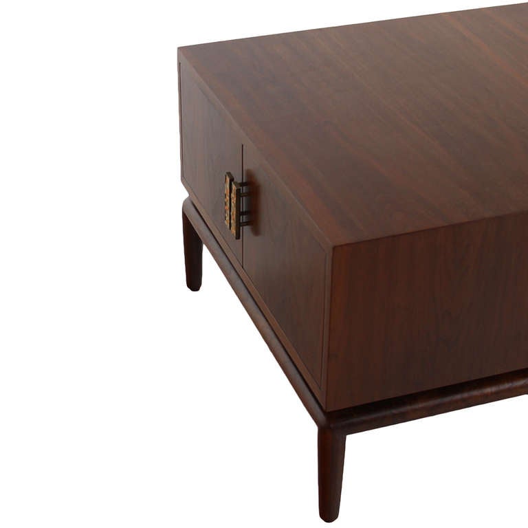 Monteverdi Young Walnut  Side Table with Brutalist Pulls In Good Condition For Sale In Los Angeles, CA