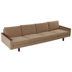 Classic Mid-Century Modern Tan Upholstered Sofa with Solid Walnut Arm Details