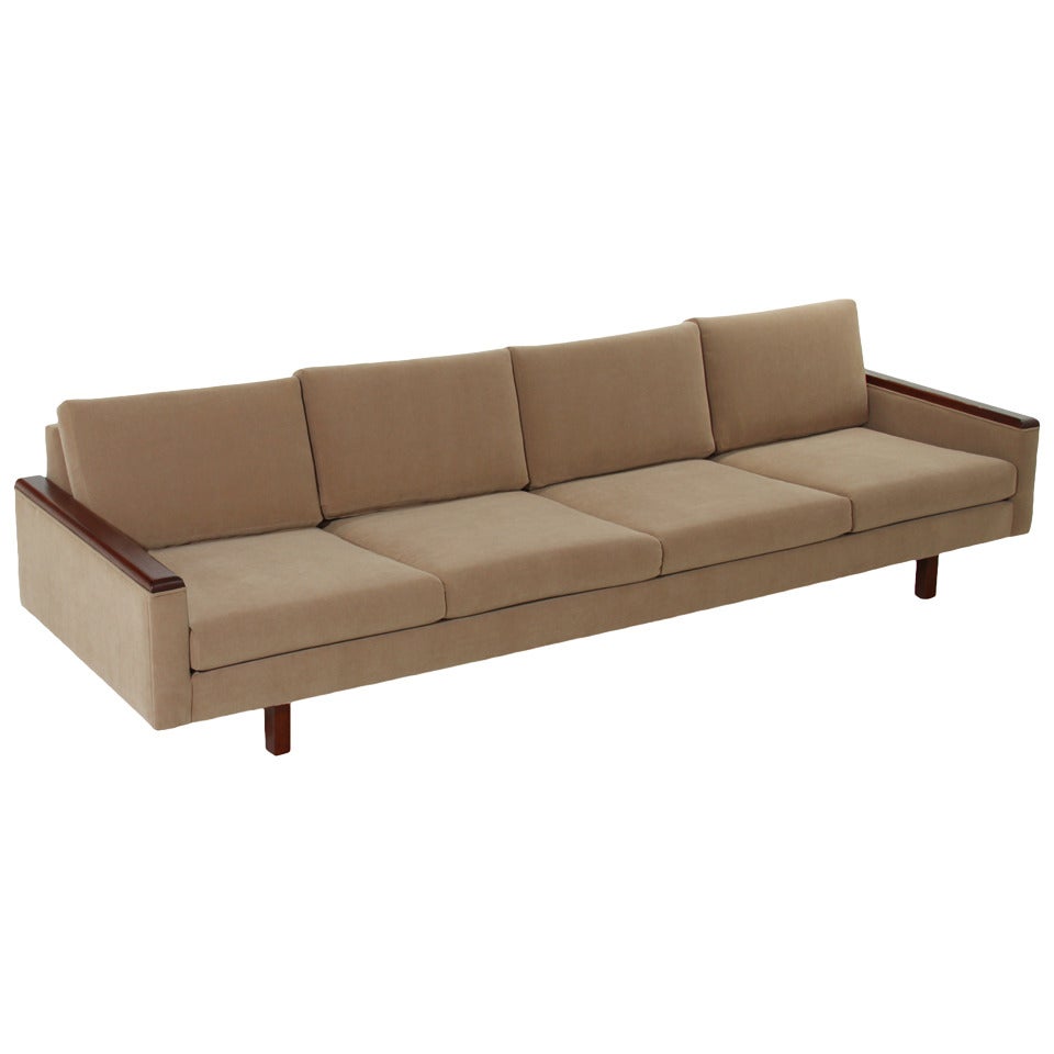 Classic Mid-Century Modern Tan Upholstered Sofa with Solid Walnut Arm Details For Sale