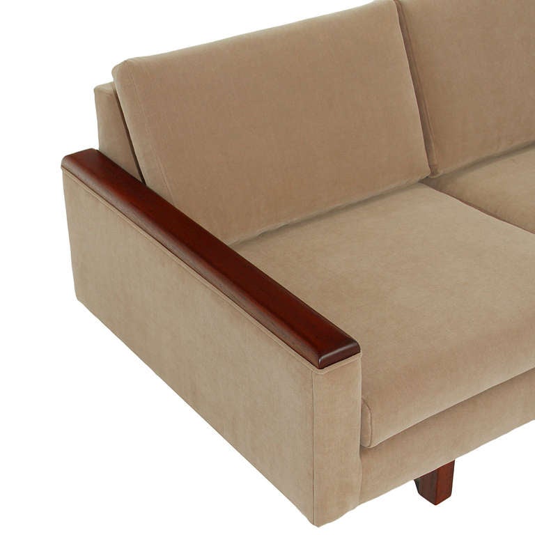 Mid-20th Century Classic Mid-Century Modern Tan Upholstered Sofa with Solid Walnut Arm Details For Sale