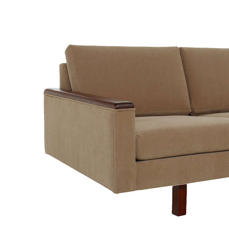 Fabric Classic Mid-Century Modern Tan Upholstered Sofa with Solid Walnut Arm Details For Sale