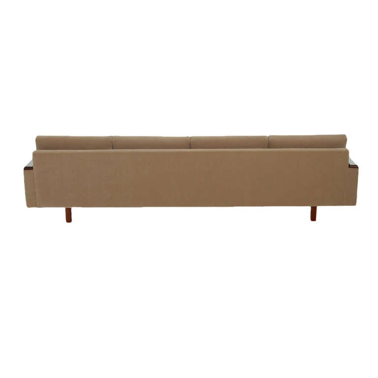 Classic Mid-Century Modern Tan Upholstered Sofa with Solid Walnut Arm Details In Good Condition For Sale In Los Angeles, CA