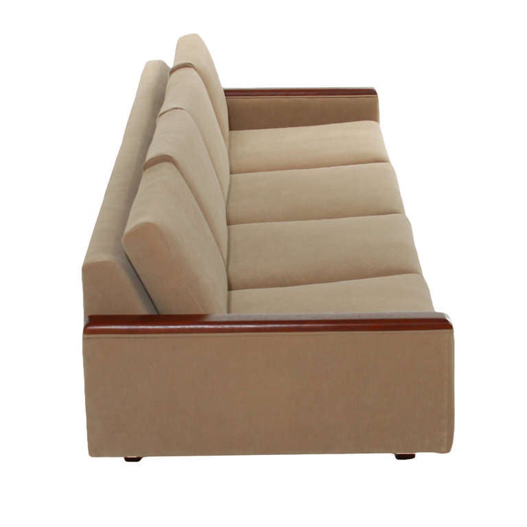 American Classic Mid-Century Modern Tan Upholstered Sofa with Solid Walnut Arm Details For Sale