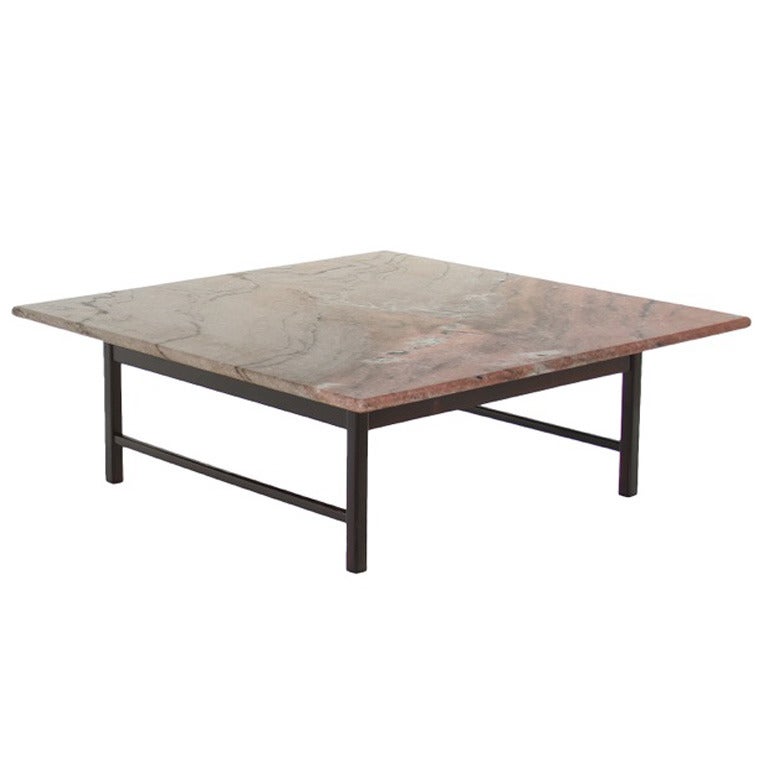 Minimalist Exotic Dark Grain Wood Coffee Table with Marble Top For Sale