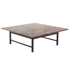 Minimalist Exotic Dark Grain Wood Coffee Table with Marble Top