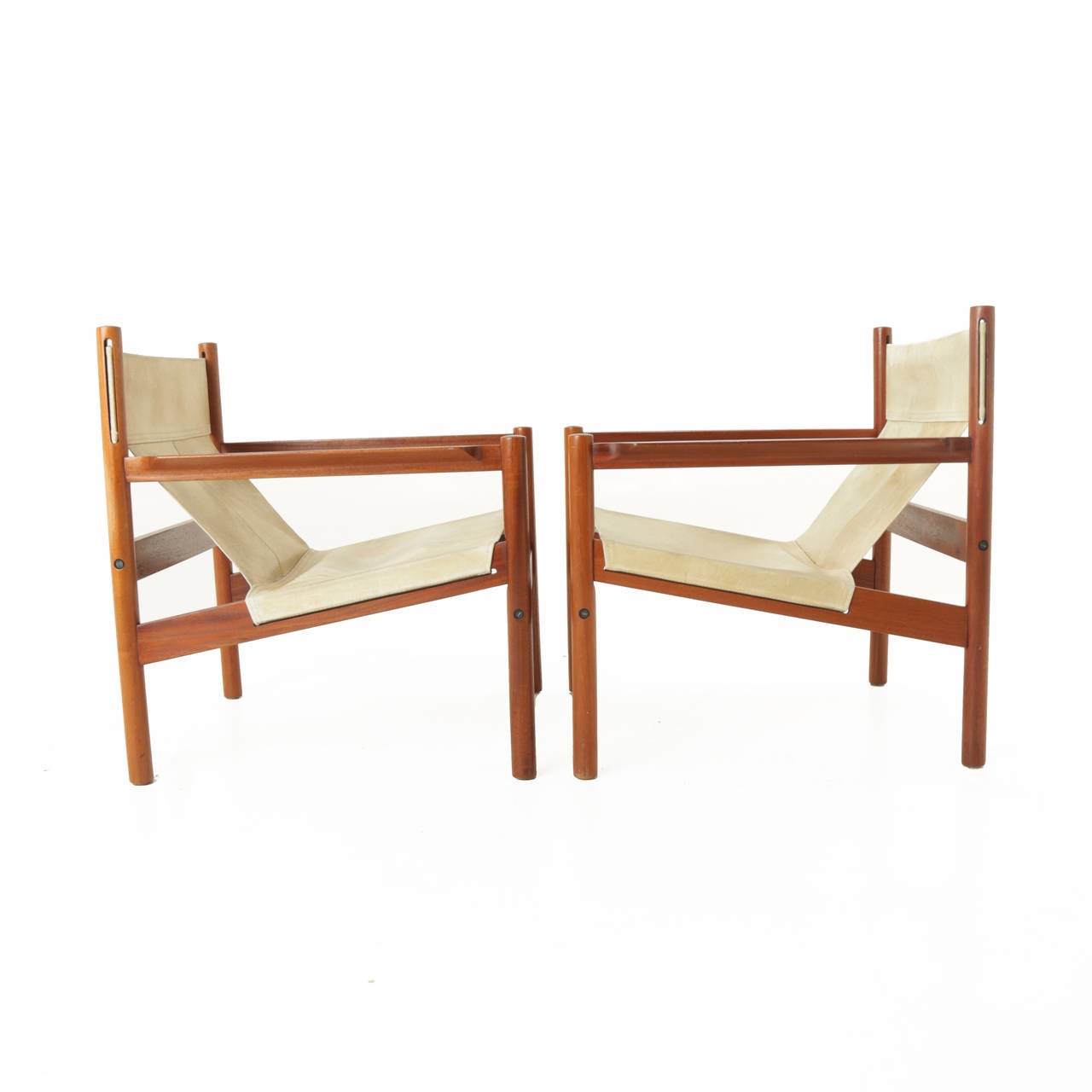 Brazilian Pair of Roxinho Wood Leather Sling Chairs by Michel Arnoult