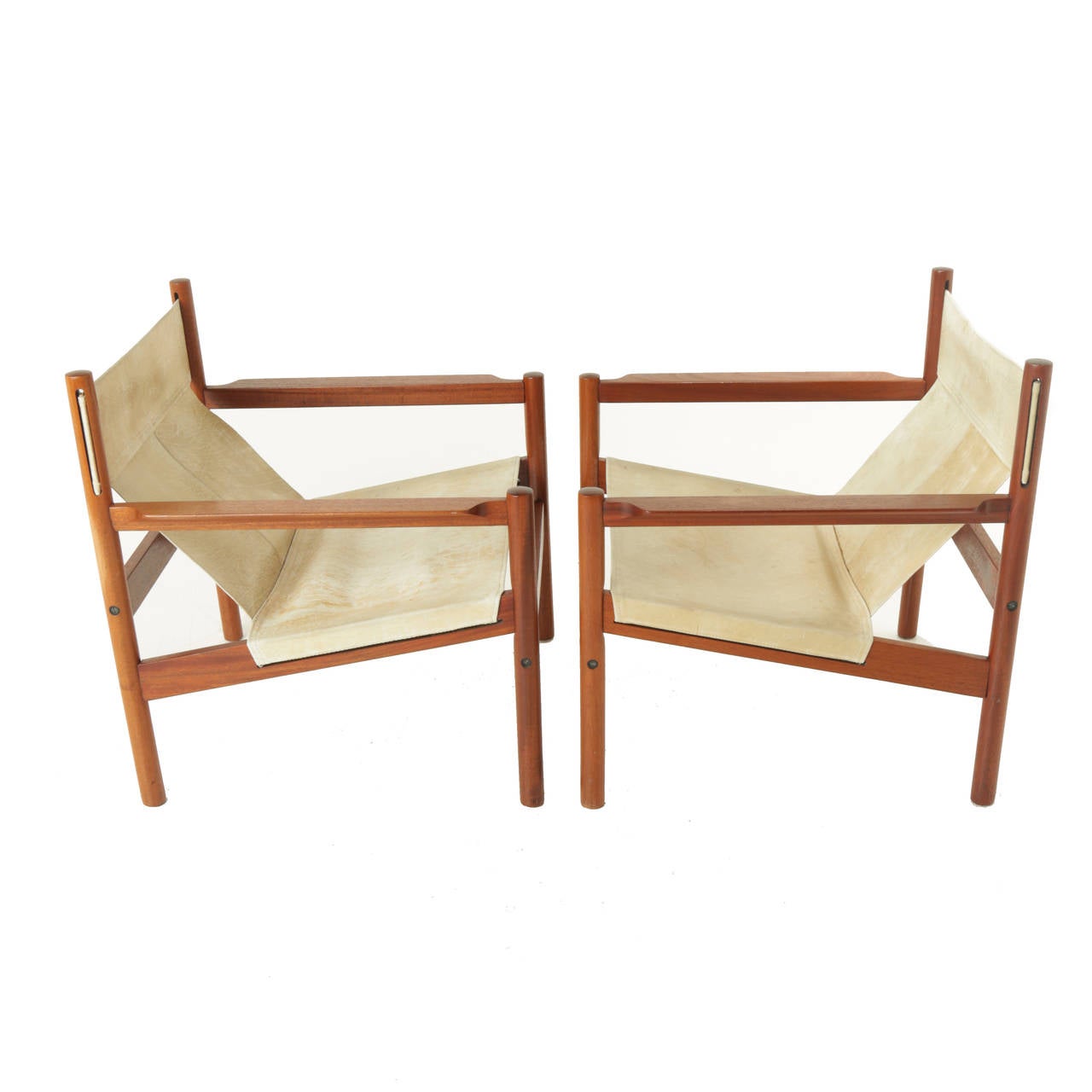 Oiled Pair of Roxinho Wood Leather Sling Chairs by Michel Arnoult