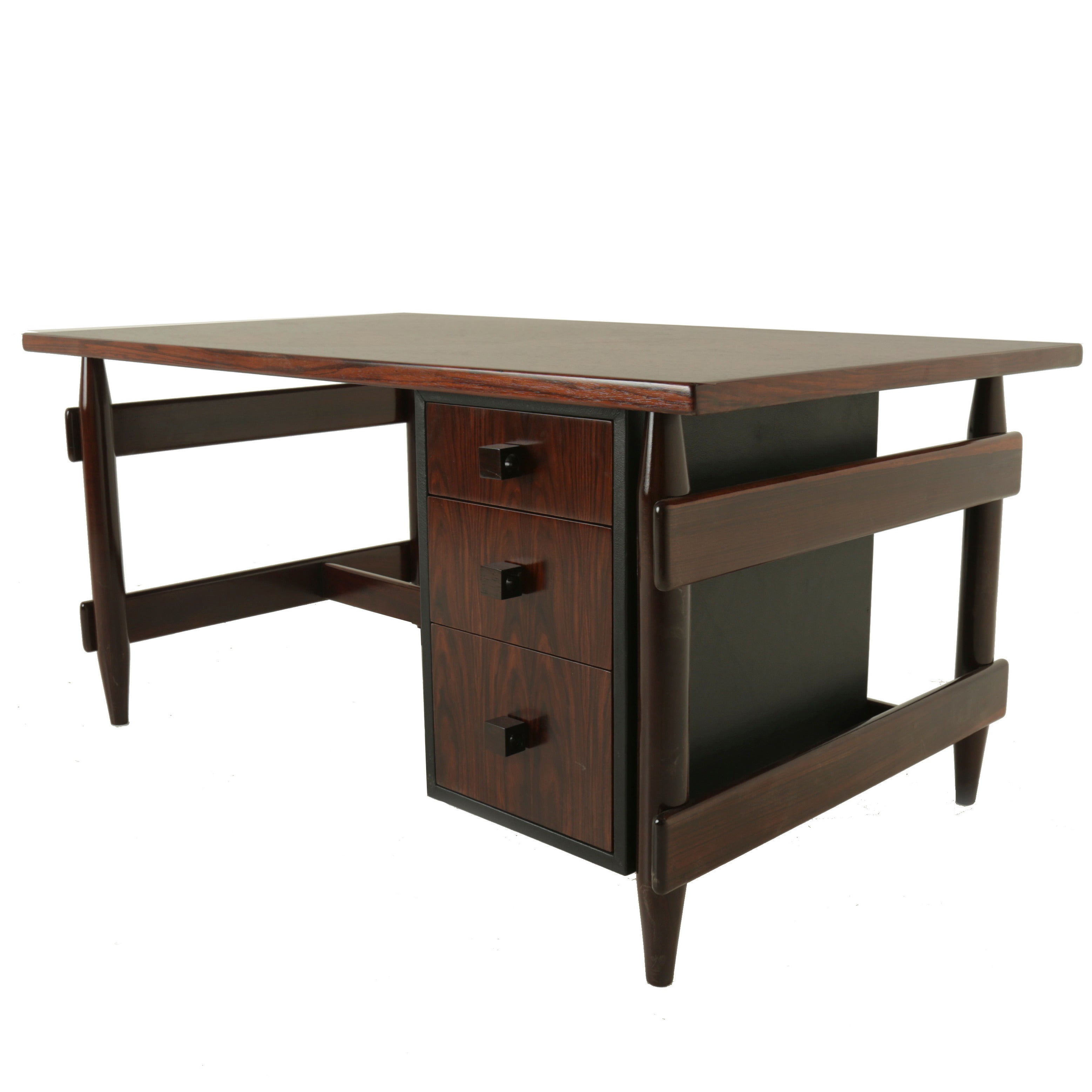 Solid Rosewood and Black Leather Desk from Brazil For Sale