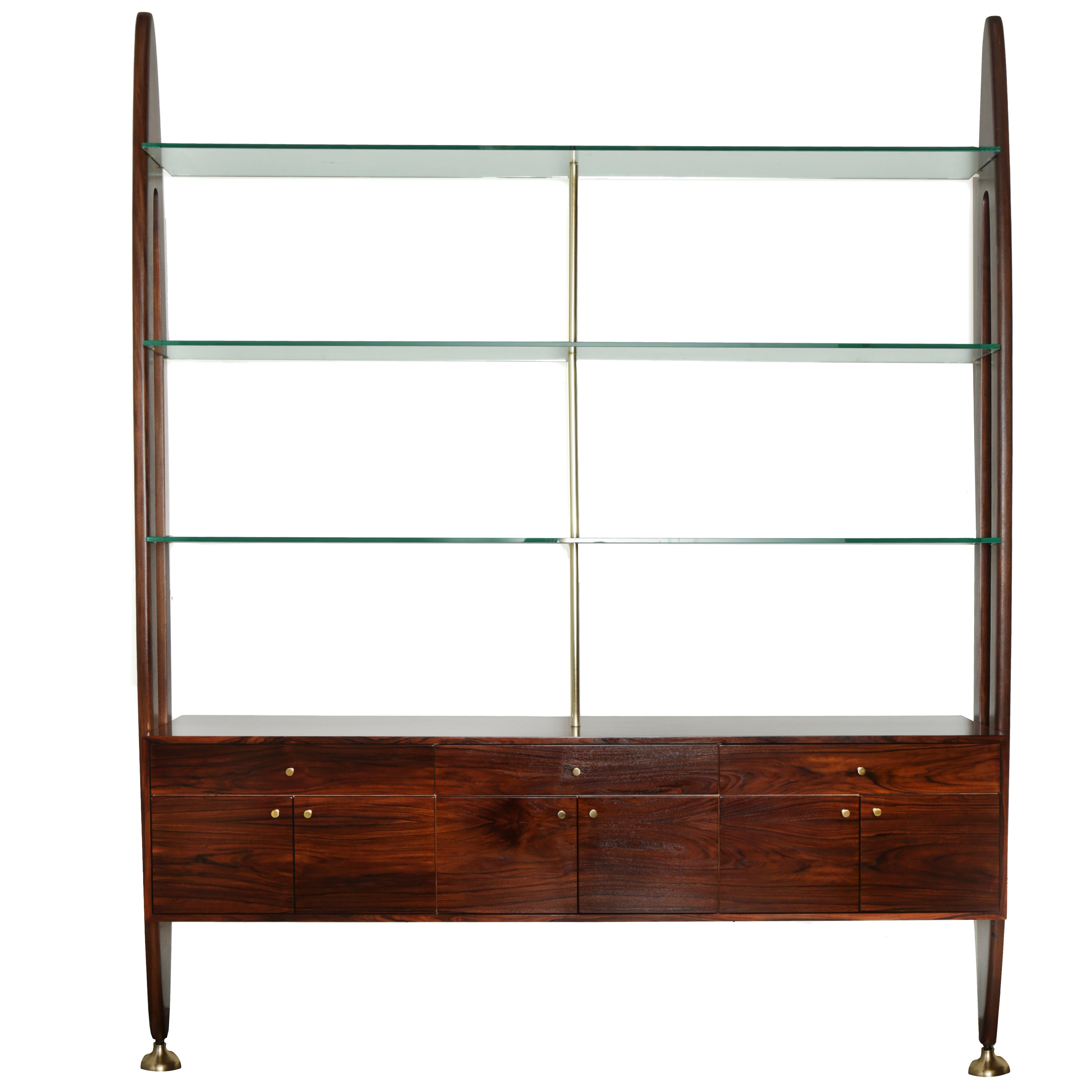 Brazilian Mid-Century Modern Exotic Hardwood Wall Unit with Glass Shelves For Sale