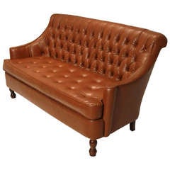 Vintage button tufted camel leatherette love seat
