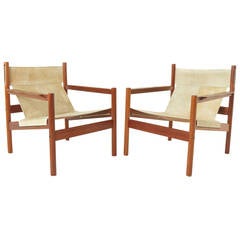 Pair of Roxinho Wood Leather Sling Chairs by Michel Arnoult