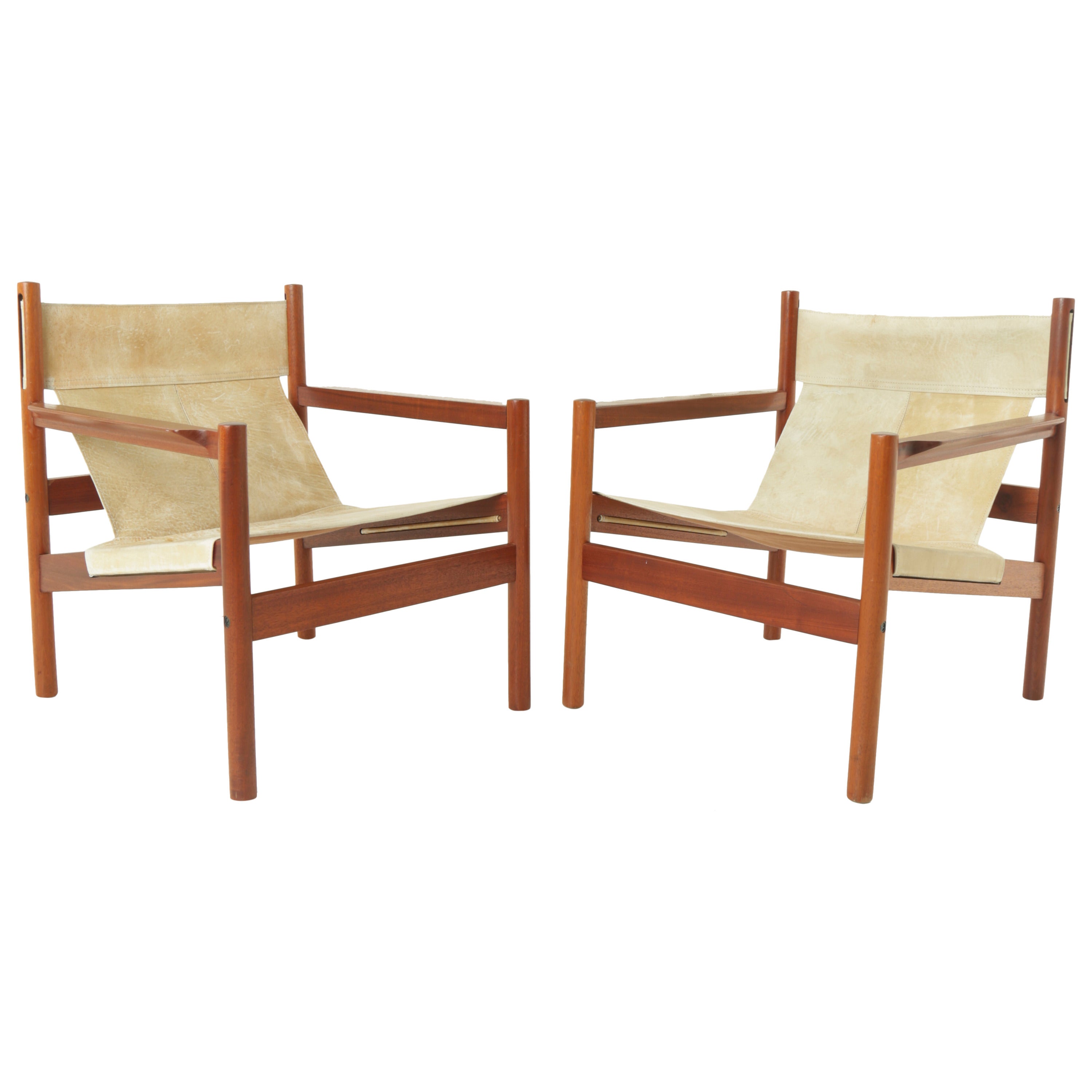 Pair of Roxinho Wood Leather Sling Chairs by Michel Arnoult
