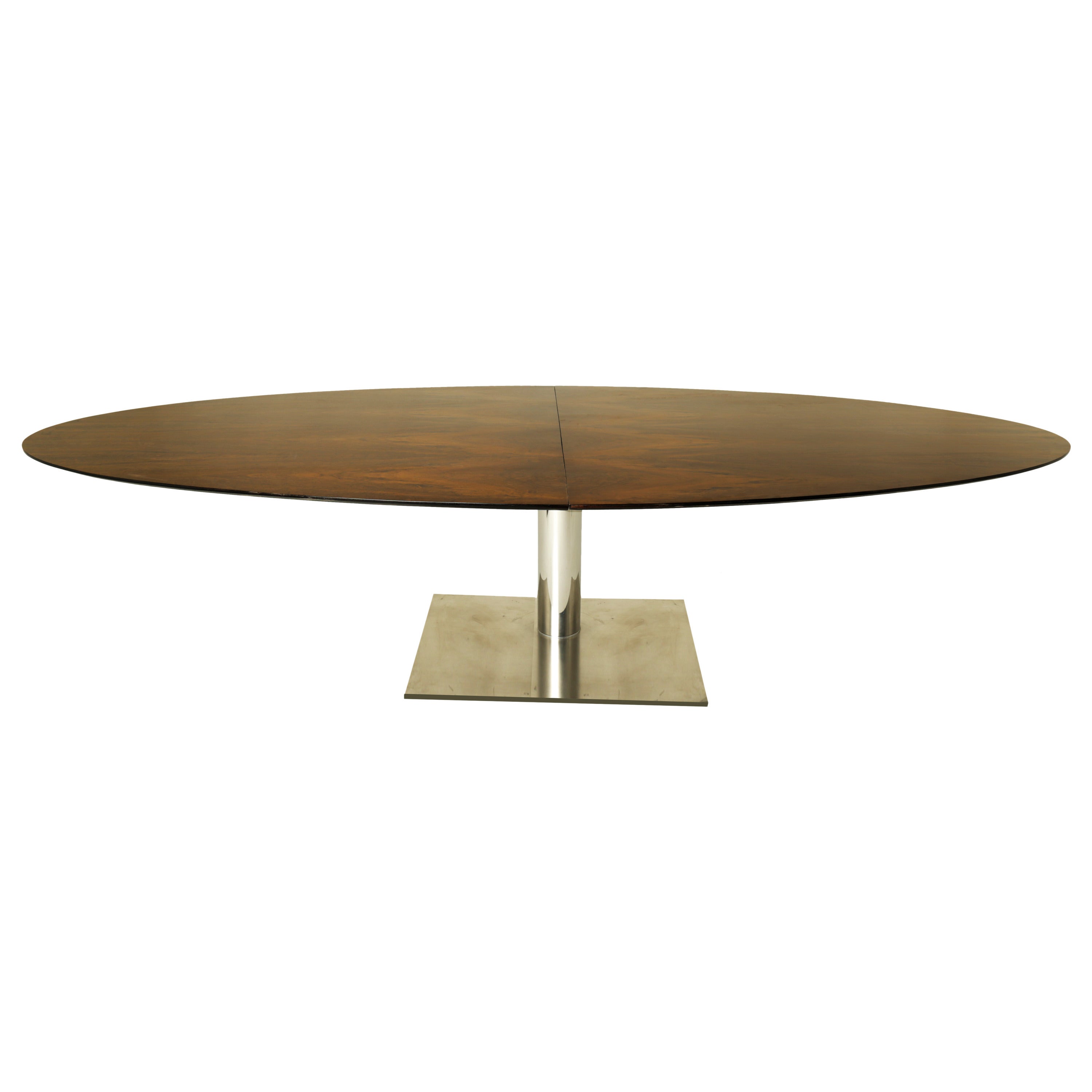 Brazilian Oval Imbuia Wood Dining Table with Stainless Base For Sale