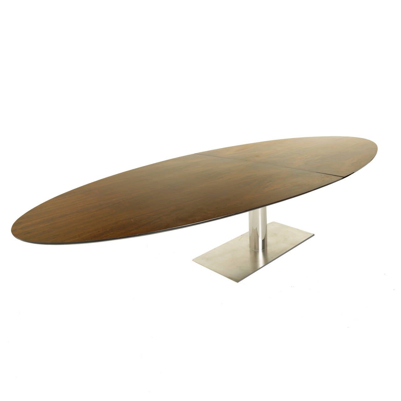 Brazilian Oval Imbuia Wood Dining Table with Stainless Base In Good Condition For Sale In Los Angeles, CA