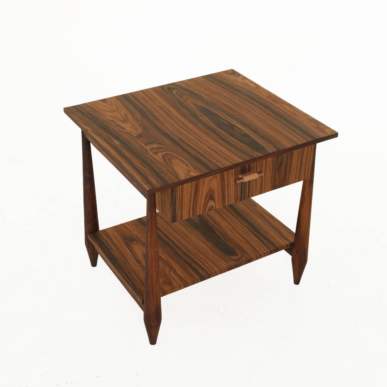 This Brazilian night stand/end table is made of Brazilian Rosewood.  The legs are vintage and have been repurposed with contemporary case and shelf made out of Rosewood at Thomas Hayes Studio.  The top has an elegant design and floats with a single