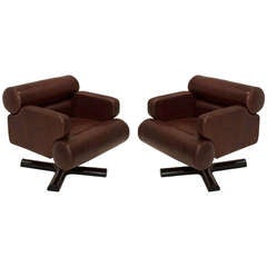 Pair Of French Brown Leather Swivel Chairs